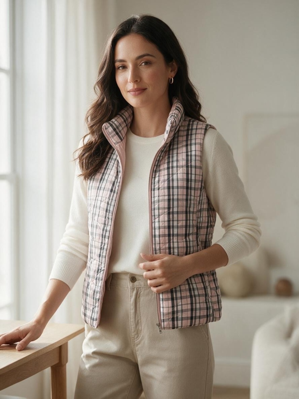 Quilted Plaid Puffer Vest - Pink